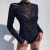 Black Mesh Stripe Mock-Neck Bodysuit