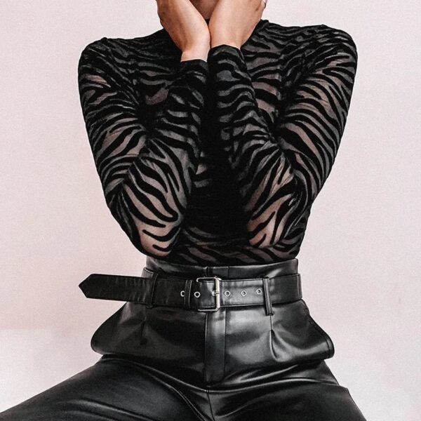Black Mesh Stripe Mock-Neck Bodysuit