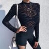 Black Mesh Stripe Mock-Neck Bodysuit