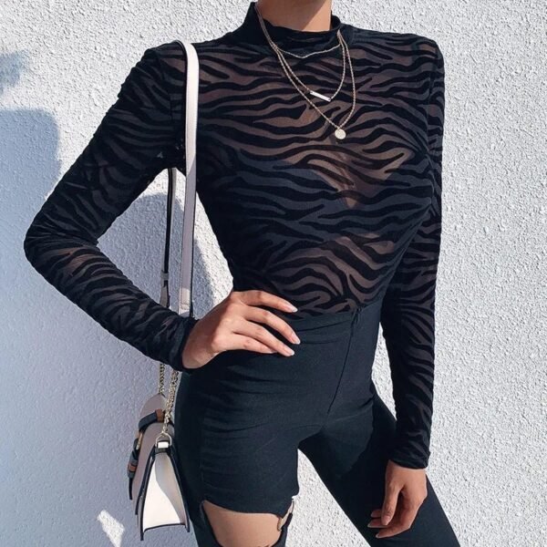 Black Mesh Stripe Mock-Neck Bodysuit