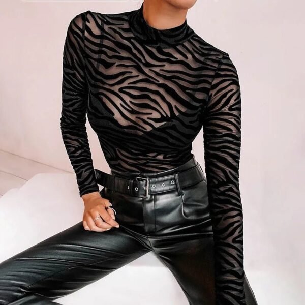 Black Mesh Stripe Mock-Neck Bodysuit