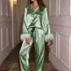 Women’s Satin Fur-Trimmed Pajama Set