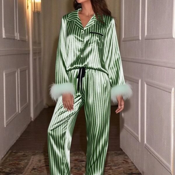 Women’s Satin Fur-Trimmed Pajama Set