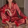 Women’s Satin Fur-Trimmed Pajama Set