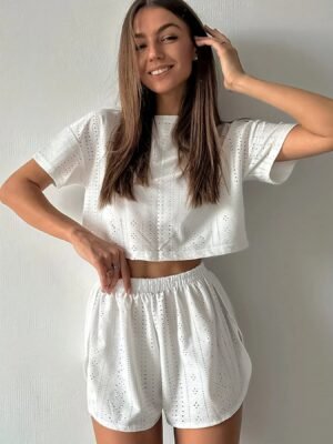 S206bafb2527b4b83824c2269676e03a4O.jpg Women’s Solid Color Shorts Pajama Set