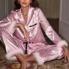Women’s Satin Fur-Trimmed Pajama Set