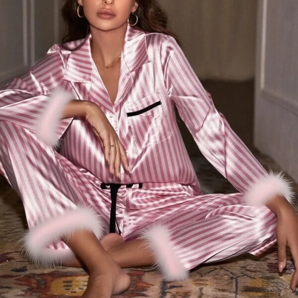 Women’s Satin Fur-Trimmed Pajama Set