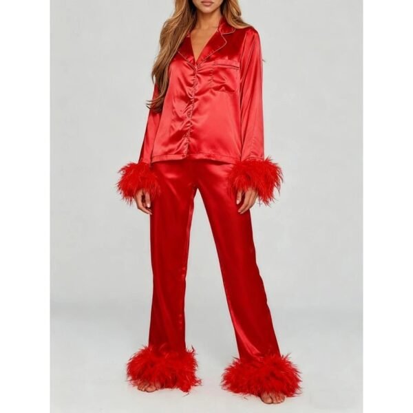S357de9ebb6bb4cdea04f05855efd55e7q.jpg Women’s Satin Feather-Trim Pajama Set
