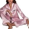 Women’s Satin Fur-Trimmed Pajama Set