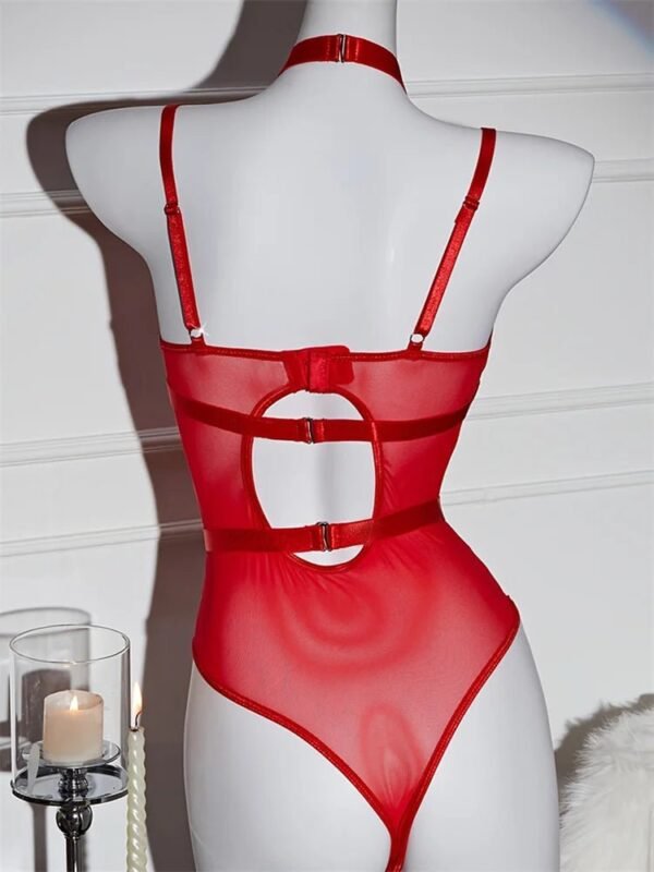 Women’s Mesh PU Leather Halter Bodysuit