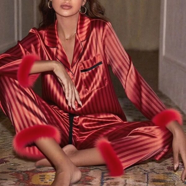 Women’s Satin Fur-Trimmed Pajama Set