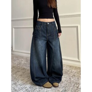 Blue Women's Retro Y2K 2000s Wide Leg Baggy Casual Denim Trouser High Waist Loose Jeans 2024 Autumn Harajuku Full Length Pants