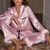 Women’s Satin Fur-Trimmed Pajama Set