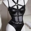 Women’s Mesh PU Leather Halter Bodysuit