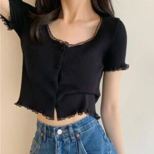 Korean Style Summer Spring Lace T-shirt Button Stylish Crop Top Slim Fit Knitted Cardigans