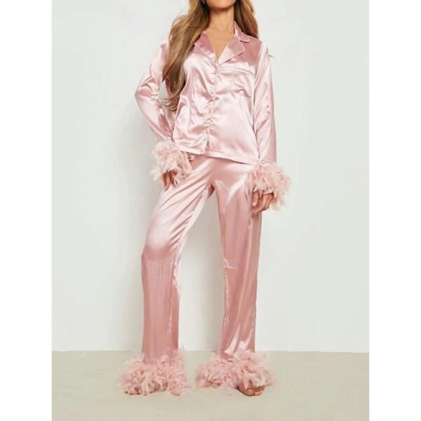Sd3eec828f10048a5a416c9b4f1c98f70u.jpg Women’s Satin Feather-Trim Pajama Set