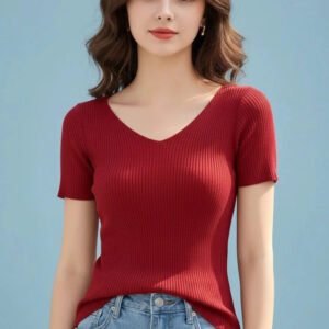 AOSSVIAO 2026 Summer Basic V-neck Solid Thin Women Pullover Female Knitted Ribbed Sweater Slim Short Sleeve Bodycon Sweater