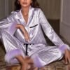 Women’s Satin Fur-Trimmed Pajama Set